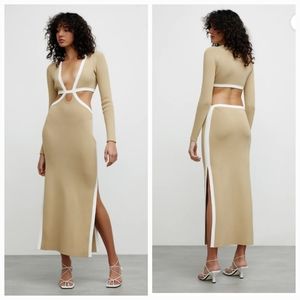 Tan Midi Dress with White Accents